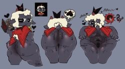 absurd_res anthro anus ass bedroom_eyes bell bent_over big_anus big_butt black_anus black_body bleating bodily_fluids book bovid caprine ceramicteacup clothing cult_of_the_lamb digital_drawing_(artwork) digital_media_(artwork) female fur heart_symbol hi_res impregnation_request lamb_(cult_of_the_lamb) looking_at_viewer looking_back looking_back_at_viewer mammal massive_monster_(studio) narrowed_eyes presenting presenting_anus presenting_hindquarters pussy_tape question_mark red_clothing red_crown_(cult_of_the_lamb) red_robe reference_image robe satanic_symbol seductive sheep shortstack solo spread_anus spread_butt spreading standing sweat sweaty_butt tape watermark wool_(fur) wool_hair