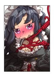 arms_behind_back black_hair blush bondage breast_bondage crotch_rope female femsub immovable_corridor kinbaku leash maid_outfit noose noose_leash pink_eyes rope rope_bondage saliva saliva_on_clothes saliva_on_mouth