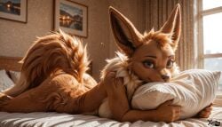 ai_generated anthro bed bedroom breasts close-up dutch_angle eevee eyebrows eyelashes eyeshadow female hugging_pillow inside looking_at_viewer looking_pleasured lying lying_on_bed on_front pillow pokemon pokemon_(species) solo tail