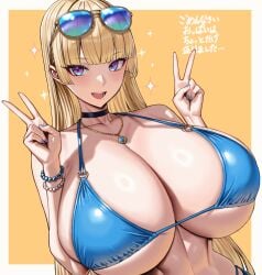 1girls 2020s 2025 2d_(artwork) 2d_artwork 5_fingers belly big_breasts bikini bikini_top blonde-haired_female blonde_female blonde_hair blonde_hair_female blue_eyes breasts clothed clothes clothing digital_drawing_(artwork) digital_media_(artwork) ear eyelashes eyes eyes_open female female_focus female_only fingernails fingers half-dressed half_dressed half_naked half_naked_female half_nude hands human human_female humanoid japanese_text large_boobs large_breasts large_tits light-skinned_female light_skin lina_bell_roll_(michihasu) long_hair long_hair_female looking_at_viewer multicolored_eyes nail nail_polish nailpolish nails nails_painted necklace neckwear no_dialogue nude nude_female painted_fingernails painted_nails partially_clothed peace_sign revealing_clothes revealing_clothing revealing_outfit sexually_suggestive sexy sexy_body slim slim_female slim_girl smile smiling smiling_at_viewer sparkle sparkles suggestive suggestive_look sunglasses sunglasses_on_head swimwear text upper_body wolffeld_price yellow_background yellow_hair