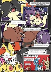 absurd_res ambiguous_penetration anthro balls blue_body blush bodily_fluids braixen breasts brionne brown_body brown_fur comic cum cum_in_mouth cum_in_pussy cum_inside cum_leaking cum_on_breasts cunnilingus dialogue dildo ejaculation english_text fangs female fur generation_4_pokemon generation_6_pokemon genital_fluids genitals group heart hi_res holding_balls hypnosis kissing lipstick lopunny makeup male masturbation mega_evolution mega_lopunny meowth mimikyu mind_control nintendo nipples not_a_furfag oral penetration penis penis_kissing pokémon_(species) pokemon pokemon_(species) profanity purple_body purple_fur purrloin pussy_juice sex sex_toy straight tan_body tan_fur text the_end vaginal_penetration video_games wallet yellow_body yellow_fur