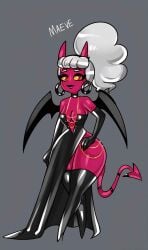 2026 bitterbunz black_gloves black_lips black_lipstick black_outfit blind_peacock_draws blind_peacock_draws_(artist) breasts breasts_out chains choker demon demon_girl demon_horns demon_tail demon_wings dominant dominant_female earrings freckles freckles_on_face freckles_on_shoulders gloves golden_chains hazbin_hotel hazbin_hotel_oc heel_boots heels helluva_boss helluva_boss_oc leather leather_boots leather_clothing leather_dress leather_outfit leather_topwear maeve_(blindpeacockdraws) no_panties original original_art original_artwork original_character original_design pink_body pink_skin pussy_cover pussy_covered red_eyes short_female shortstack small_breasts succubus succubus_horns succubus_tail succubus_wings tagme text tied_hair white_hair wings yellow_eyes