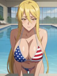 1female 1girls ai_generated american_flag_bikini big_breasts bikini blonde-haired_female blonde_female blonde_hair breasts cleavage female female_focus female_only highschool_of_the_dead huge_breasts light-skinned_female looking_at_viewer marikawa_shizuka pool poolside shizuka_marikawa solo solo_female tagme