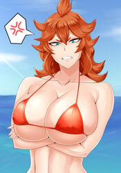 anger_vein angry big_breasts bikini bikini_top black_clover blue_eyes breast_support breasts breasts_bigger_than_head clenched_teeth clouds collarbone crossed_arms ginger ginger_hair horizon huge_breasts large_breasts mereoleona_vermillion midriff muscular_female nipple_bulge open_mouth orange_hair sea seaside short_eyebrows showing_teeth sky teeth_clenched