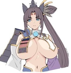alternate_breast_size_(larger) armor artist_name bare_shoulders black_hat blue_eyes breast_curtains breasts breasts_apart brown_hair circlet cleavage commentary_request cropped_arms cropped_torso dated detached_sleeves fate/grand_order fate_(series) feather_hair_ornament feathers female hair_ornament hair_rings hat highres huge_breasts long_hair long_sleeves looking_to_the_side navel parted_bangs parted_lips revealing_clothes seo_tatsuya shoulder_armor side_ponytail sidelocks simple_background solo twitter_username upper_body ushiwakamaru_(fate) ushiwakamaru_(fate/grand_order) very_long_hair white_background