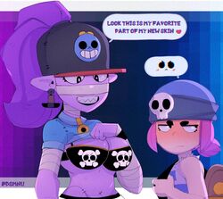 2d 2girls angry_face bandage big_breasts black_bra blush brawl_stars dsmnup emz_(brawl_stars) hat jealous lesbian lipstick penny_(brawl_stars) pink_hair pink_skin purple-skinned_female purple_hair purple_skin skull_hair_ornament speech_bubble superfan_emz_(brawl_stars) white_skin yuri