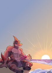 abs anthro balls beach_background big_penis bodily_fluids cum ejaculation fish genital_fluids genitals hi_res leaking_cum looking_at_viewer male marine muscular muscular_anthro muscular_arms muscular_male nipples nohum penis piercing rendrik_(nohum) requiem_shark shark shark_fin shark_tail shark_teeth solo stare striped_body stripes tiger_shark