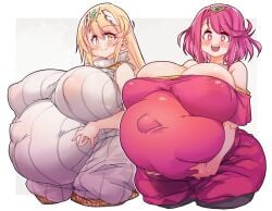 2girls areola_slip bare_shoulders big_belly blush bob_cut breasts cleavage closed_mouth collarbone covered_erect_nipples cowboy_shot dress hair_ornament hand_on_own_stomach happy huge_breasts jewelry large_areolae long_hair looking_at_viewer maternity_clothes maternity_dress medium_hair multiple_girls mythra off-shoulder_dress off_shoulder open_mouth outie_navel pregnant pyra red_eyes red_hair ribbed_sweater ring sachito sidelocks sleeveless sleeveless_turtleneck smile super_belly super_breasts sweater swept_bangs turtleneck wedding_ring xenoblade_(series) xenoblade_chronicles_2 yellow_eyes