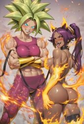 2girls abs ai_generated animal_ears black_legwear bleach bleach:_the_thousand-year_blood_war breasts cat_demon cat_ears cat_tail caulifla clothed clothed_female_nude_female collar dark-skinned_female dark_skin dragon_ball dragon_ball_super female female/female female_only fire flame green_hair imminent_sex jacket jeans kale kefla leash leash_and_collar leash_pull leg_between_thighs legendary_super_saiyan lightning long_hair looking_at_viewer looking_back muscles muscular muscular_female nude nude_female pet_play ponytail purple_hair shihouin_yoruichi short_hair spiked_hair suggestive super_saiyan super_saiyan_2 yoruichi_shihouin yuri