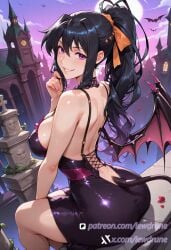 ai_generated akeno_himejima anime back_view bat_wings black_hair blurry_background breasts covered_nipples crossed_legs demon_tail female from_above from_behind high_school_dxd illustration large_breasts leather_straps lewdrune long_hair looking_at_viewer ponytail purple_eyes rooftop sitting skyline smirk solo succubus suspenders tail thighs