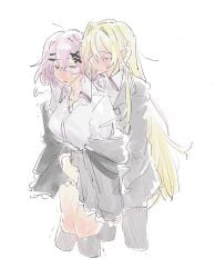 2girls amaori_renako arbertbox ashigaya_high_school_uniform black_pantyhose blue_eyes blush collared_shirt fingering fingering_through_clothes hair_ornament hairclip hand_under_clothes hand_under_skirt highres implied_fingering jacket kneehighs long_hair long_sleeves medium_hair multiple_girls open_mouth ouzuka_mai pantyhose parallel_hairclips pink_hair purple_eyes reach-around school_uniform shirt simple_background skirt socks standing sweat through_clothes trembling watashi_ga_koibito_ni_nareru_wake_naijan_murimuri! white_background white_shirt x_hair_ornament yuri