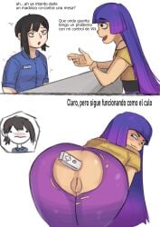 2023 2d 2d_(artwork) 2girls 2koma anus ass blank_background blush blush_lines chainsaw_man crossover dialogue eastern_and_western_character glitch_techs higashiyama_kobeni miko_kubota object_in_ass ponytail purple-haired_female purple_hair purple_hair_female pussy ripped_pants short-haired_female short_hair short_hair_female spanish_dialogue spanish_text vagina white_background wii wii_remote wii_remote_insertion zero_dead_zone