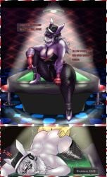 1boy 1girls ass bent_over black_hat breasts bunnysuit casino_table chance_(forsaken) clothed clothing debuff english_text floppanormal forsaken_(roblox) glasses grey_body grey_hair hat heels instant_loss_2koma naked nude partially_clothed roblox roblox_game robloxian rule_63 self_upload status_effect tagme text text_box thighs watermark