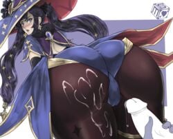 1boy 1girls ass ass_focus big_ass blush bottom_heavy cum cum_on_ass earrings ejaculation female genshin_impact hat huge_ass large_ass looking_back masturbation mona_(genshin_impact) pantyhose penis purple_eyes purple_hair sekushimagik semen suprise_cumshot thick_ass thick_thighs thighs twintails unseen_male_face veiny_penis witch_hat