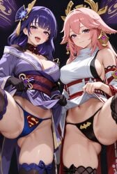 2female 2girls ai_assisted ai_generated batman batman_(cosplay) batman_(series) breasts crossover dc dc_comics flashing flashing_panties genshin_impact hair_ornament kimono kimono_lift kimono_pull lifting looking_at_viewer panties pink_ears pink_hair purple_eyes purple_hair raiden_shogun sexy soaked superman superman_(cosplay) superman_(series) superman_logo themed_clothes thick_thighs thighs thong tongue tongue_out wet wet_panties white_outfit yae_miko yokai
