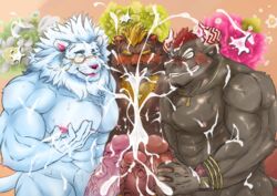 3boys 5_fingers abs anthro barguest_(tokyo_afterschool_summoners) blush bodily_fluids body_hair bovid bovine bracelet brown_body brown_fur chest_hair clenched_teeth closed_eyes cum cum_drip cum_on_arm cum_on_body cumshot dripping ear_piercing ear_ring ejaculation eyewear facial_scar felid fingers flower fur gay genital_fluids genitals green_eyes group gyumao hair horn humanoid_genitalia humanoid_penis jewelry lion male male/male male_only mammal mane masturbation monocle musclegut muscular muscular_anthro muscular_male necklace nipples nude orange_hair pantherine pawpads pecs penile penile_masturbation penis piercing pink_nipples pink_pawpads plant red_hair scar snow_(tokyo_afterschool_summoners) sweat teeth tokyo_afterschool_summoners ursid vein veiny_penis video_games white_body white_fur white_mane yaoi zin_teki