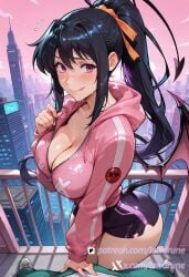 ai_generated akeno_himejima anime averting_eyes bat_wings black_hair blush breasts cleavage covering_mouth demon_tail female from_above from_side gyaru high_school_dxd hoodie illustration large_breasts leather_straps lewdrune long_hair looking_over_shoulder nervous_smile pink point_of_view ponytail pov purple_eyes red_face rooftop skyline smirk solo succubus tail thick_thighs tongue torn_clothes