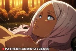 1girl ai ai_art ai_generated anime_coloring blue_eyes breasts bush close-up dark-skinned_female dark_skin enen_no_shouboutai fireflies forest grass hypnosis long_hair lying medium_breasts mind_control nature nipples nude on_back outdoors parted_bangs parted_lips pink_hair solo symbol-shaped_pupils tree upper_body white_hair