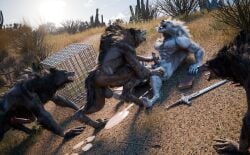 3d_(artwork) absurd_res afternoon anthro aroused balls big_balls big_penis blender_(artwork) blender_cycles_(artwork) bodily_fluids cactus canid canine canine_penis canis claws cum cum_spill desert digital_media_(artwork) duo ejaculation english_text erection foirgairwolf genital_fluids genitals group group_nudity hi_res howl knot male male/male mammal masturbation mythological_canine mythological_creature mythology orgasm penis plant tail text werecanid werecanine werecreature werewolf wet wolf