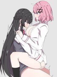 2girls absurdres amaori_renako ashigaya_high_school_uniform black_hair black_vest blush bottomless bow bowtie breasts cleavage clothed_sex commentary futa_with_female futanari hair_ornament hand_on_another's_ass highres implied_futanari koto_satsuki large_breasts long_hair long_sleeves mah0p medium_hair multiple_girls no_pants open_clothes open_shirt pink_hair purple_eyes red_bow red_bowtie red_eyes school_uniform shirt sitting sitting_on_lap sitting_on_person sweater_vest trembling vest watashi_ga_koibito_ni_nareru_wake_naijan_murimuri! white_shirt x_hair_ornament