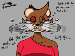 4:3 absurd_res anthro bear cheek_tuft disembodied_penis dropout_bear ear_piercing english_text extra_mouth facial_tuft female genitals good_ass_job_(album) group head_tuft hi_res kanye_west male male/female mammal multicolored_eyes oral oral_penetration penetration penis piercing sharp_teeth teeth text trio tuft yosoybonfie