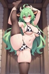 ai_assisted ai_generated bell_collar bikini cow_girl cow_print green_hair horns horns_girl pantyhose