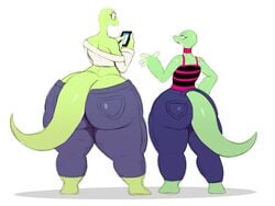 2girls anthro ass_cleavage bliss_(sssonic2) butt_crack female freckles huge_ass jeans joy_(sssonic2) lizard multiple_girls obese_female original_character phone pink_eyes sssonic2 tail telephone thick_thighs yellow_eyes