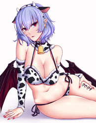 1girls 2021 alternate_body_type alternate_breast_size alternate_height batwings bell bell_collar bikini blue_hair choker collar cow_girl cow_print cow_print_bikini cowbell demon_girl earrings female_only large_breasts looking_at_viewer monster_girl pale_skin red_eyes remilia_scarlet short_hair slit_pupils touhou vampire wings zeramu