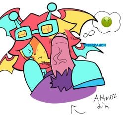 >_< arrow arrow_(symbol) artist_upload attmoz blue_eyes blue_goggles blue_sclera blush blush_lines blushing caption disgusted emoji english_text erect_penis eyewear eyewear_on_head goggles goggles_on_head hair_over_one_eye my_singing_monsters nauseated oc_x_canon onomatopoeia original_character out_of_frame oversized_clothes penis pink_penis pout pouting precum precum_bubble precum_on_penis pubes pubic_hair purple_bode purple_pubes purple_pubic_hair red_hair redhead tagme thought_bubble tr3ebranch unknown_gender vein veiny_penis white_background wings_on_head yellow_body yellow_highlights yumeshipping