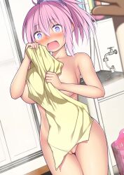 1boy absurdres aoba_(kantai_collection) blue_eyes blush breasts commentary_request completely_nude embarrassed female hair_between_eyes hair_ornament hair_scrunchie highres holding holding_towel indoors kantai_collection kuromayu large_breasts looking_at_viewer nude open_mouth pink_hair ponytail pov pussy scrunchie solo_focus tears textless_version towel wet wet_hair