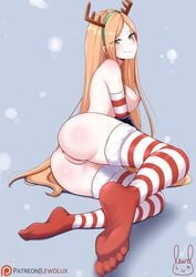 anus artist_signature ass blonde_hair breasts feet green_eyes katarina_du_couteau league_of_legends lewdlux long_hair nipples nude on_side patreon_username pussy slay_belle_katarina smile smiling snowdown_series snowdown_showdown_series striped_legwear thighhighs