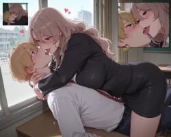 1boy ai_generated aroused big_breasts black_blazer black_skirt black_uniform blonde_hair blue_eyes blush brown_eyes cowgirl_position day female femdom french_kiss gabrail heart horny hoshino_aquamarine incest kissing light_brown_hair long_hair mature_female milf mother mother_and_son multiple_views office_lady on_desk oshi_no_ko parted_bangs saitou_miyako school school_uniform secretary shiny_skin short_hair skirt son teenager tie tight_skirt tongue tongue_kiss tongue_out wavy_hair white_shirt window