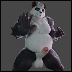 anthro balls bear belly black_border border erection eye_patch eyewear genitals giant_panda green_eyes hi_res male mammal musclegut muscular nude penis slightly_chubby slightly_chubby_male solo stiban_(character) yamimarik1994