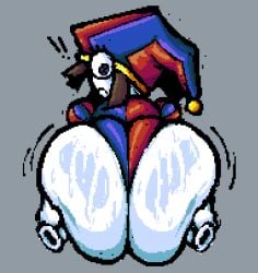 amysteriousmr holding_ass jester looking_at_viewer looking_back pomni pomni_(tadc) pomni_(the_amazing_digital_circus) rear_view solo sweat sweatdrop sweating sweaty sweaty_body the_amazing_digital_circus thick thick_ass thick_hips thick_legs thick_thighs thighs white_skin wide_ass wide_hips wide_thighs