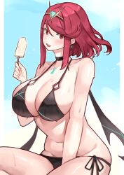 beach bikini black_bikini blue_sky blush clouds curvy huge_breasts open_mouth plump popscicle popsicle pyra_(xenoblade) smile sweatdrop xenoblade_(series) xenoblade_chronicles_2