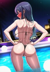 ai_generated ass ass_focus bikini black_bikini blue_hair blush cameltoe cityscape female from_behind green_eyes hands_on_hips kurokawa_akane long_hair ltgwhtl neon_lights night oshi_no_ko outdoors poolside solo standing starry_sky swimming_pool swimsuit thong water wet