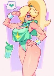 1girls blonde-haired_female blonde_female blonde_hair blue_eyes blue_lipstick bodysuit cropped_hoodie female female_focus female_only flexing heart mario_(series) nintendo princess princess_rosalina simple_background solo solo_female solo_focus star super_mario_bros. super_mario_galaxy thick_thighs toned toned_female viper1390