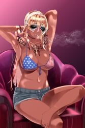 american_flag_bikini armpits arms_behind_head barefoot blonde_hair blood_rouge couch couch_sitting gyaru gyaru_gal gyaru_makeup hairband large_breasts looking_at_viewer shorts smoking tan_body tan_skin tattoo_on_chest tattoo_on_shoulder