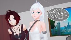 20th_century_studios 2girls arrancon black_hair black_hair_female blue_eyes dialogue disney dress long_hair long_hair_female marvel marvel_cinematic_universe offscreen_character red_highlights ruby_rose rwby scar_across_eye silver_eyes viz_media weiss_schnee white_hair white_hair_female