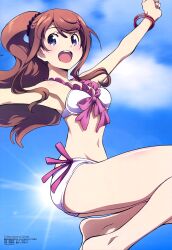 1girls absurd_res armpits arms_up bikini brown_hair classroom_crisis frilled_bikini highres jumping megami_magazine official_art sera_mizuki_(classroom_crisis) solo swimsuit tomioka_takashi