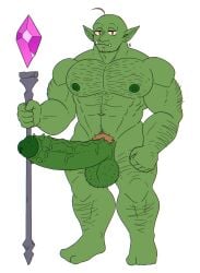 1boy bald big_balls big_penis body_hair brown_hair crystal erect_penis erection fangs green_skin hornbunxx humanoid hyper_penis looking_at_viewer male male_only muscular muscular_male neutral_expression orange_eyes orc orc_male original original_character penis pointy_ears self_upload simple_background simple_coloring solo solo_male spiked_penis staff veiny_penis