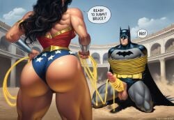 1boy 1girls ai_generated arena batman batman_(bruce_wayne) batman_(series) bondage bound_arms coliseum daytime dc dc_comics dialogue diana_prince dominant_female dominated_male from_behind huge_ass kneeling lasso_of_truth muscular_female refusing self_upload selvokaz superheroes tagme tied_penis tied_up wonder_woman wonder_woman_(series)