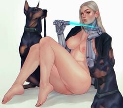 1girls angelise_reiter areolae ass bare_legs barefoot black_toenails breasts feet female final_fantasy final_fantasy_xiv implied_bestiality legs looking_at_viewer nipples nude othalam painted_nails pussy solo_focus