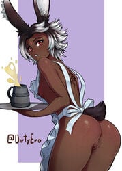 1girls apron apron_only ass back_tattoo bare_ass bare_shoulders breasts brown_hair bunny_ears bunny_girl bunny_tail dark-skinned_female dirtyero_(artist) erect_nipples female female_only forehead_jewel freckles freckles_on_ass looking_back naked_apron nipples no_panties original original_character pussy red_eyes serving_tray shiny_ass sideboob small_breasts solo tail tankard tattoo thick_thighs two_tone_hair white_hair