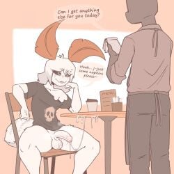 1:1 absurd_res anthro arthropod arthropod_abdomen balls blep bodily_fluids bottomless bottomless_anthro bottomless_male chair clothed clothing cum cum_string duo_focus english_text feelers femboy flicker_(tinysmallman) foreskin furniture genital_fluids genitals group half-erect hi_res humanoid_genitalia humanoid_penis insects lepidopteran male menu moth notebook on_chair penile penis penis_grab public public_exposure restaurant shirt sitting sitting_on_chair t-shirt table text tinysmallman tongue tongue_out topwear waiter white_body