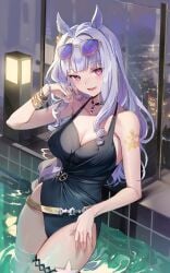 animal_ears arm_tattoo black_one-piece_swimsuit blue_hair bracelet breasts cleavage emyo eyewear_on_head female gold_ship_(run_revolt_launcher)_(umamusume) gold_ship_(umamusume) highres horse_ears horse_girl jewelry large_breasts long_hair looking_at_viewer official_alternate_costume one-piece_swimsuit open_mouth partially_submerged pink_eyes pool smile solo sunglasses swimsuit tattoo thigh_strap umamusume water