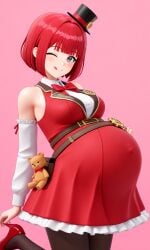 ai_generated bangs belt belt_pouch black_tights bob_cut close_up close_up_view detached_sleeves distortion_detective exposed_shoulders female frilled_dress frills gears grey_eyes grin high_heels licking_lips long_sleeves looking_at_viewer mini_top_hat mischievous_smile one_eye_closed p-corp petticoat playful playful_smile pouch pregnant project_moon proud red_bowtie red_dress red_hair red_high_heels red_vest short_hair sleeveless_shirt smile teasing tongue_out top_hat upper_body upper_body_focus vest white_shirt wink winking_at_viewer yuria_(distortion_detective)