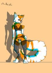 anthro balls cage canid canine cel_shading clothing femboy fox fur genitals hair hi_res lingerie long_tail looking_at_viewer male mammal muttnick nude shaded simple_background smile solo tail text white_body white_fur