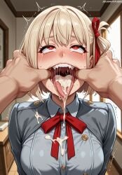 1boy after_fellatio ahe_gao ai_generated bangs blonde_hair blurry_background blush bob_cut breasts clothing collared_shirt crying crying_with_eyes_open cum cum_in_mouth cum_on_body cum_on_breasts cum_on_clothes cum_on_hair cum_on_tongue facial female finger_in_another's_mouth grey_dress grey_jacket hair_ribbon indoors jacket jousneystudio large_breasts lycoris_recoil lycoris_uniform male mouth_pull neck_ribbon nishikigi_chisato one_side_up open_mouth patreon_username pov_hands red_eyes red_ribbon ribbon rolling_eyes saliva semen shirt short_hair solo_focus straight tearing_up tears teeth tongue tongue_out trembling twitter_username uniform upper_body upper_teeth_only uvula white_shirt