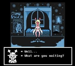 animated bed bedroom bikini blush bra deer deltarune deltarune_chapter_2 dialogue english_text female_only furry looking_at_viewer noelle_holiday panties pixel_animation suggestive suggestive_look suicidalpixel